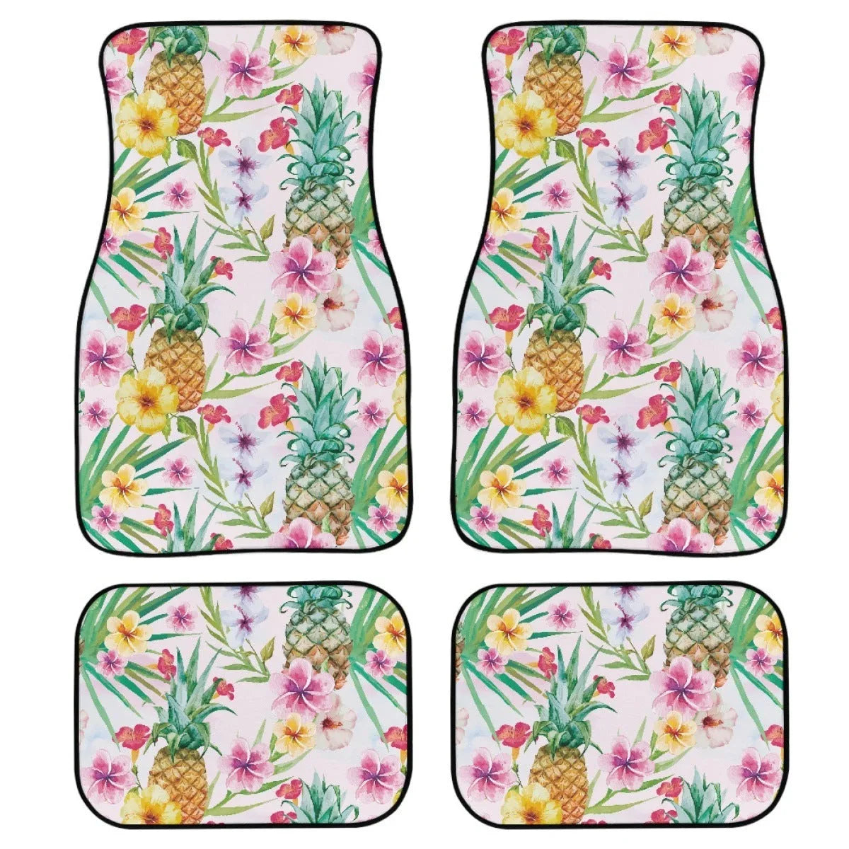 Black universal car rubber floor mat set, 4 pieces with printed pattern and 20mm thickness.