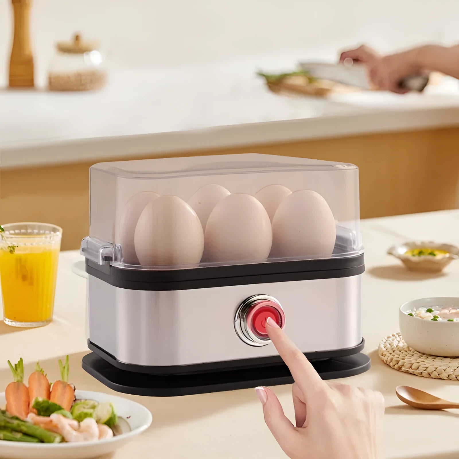 Black stainless steel portable egg boiler with universal voltage and international plug compatibility