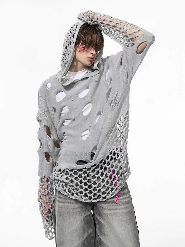 Men's black hoodie with pearl decorative details and hooded collar