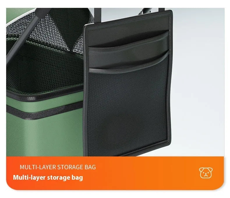 Black folding pet cart with detachable components for dogs and cats