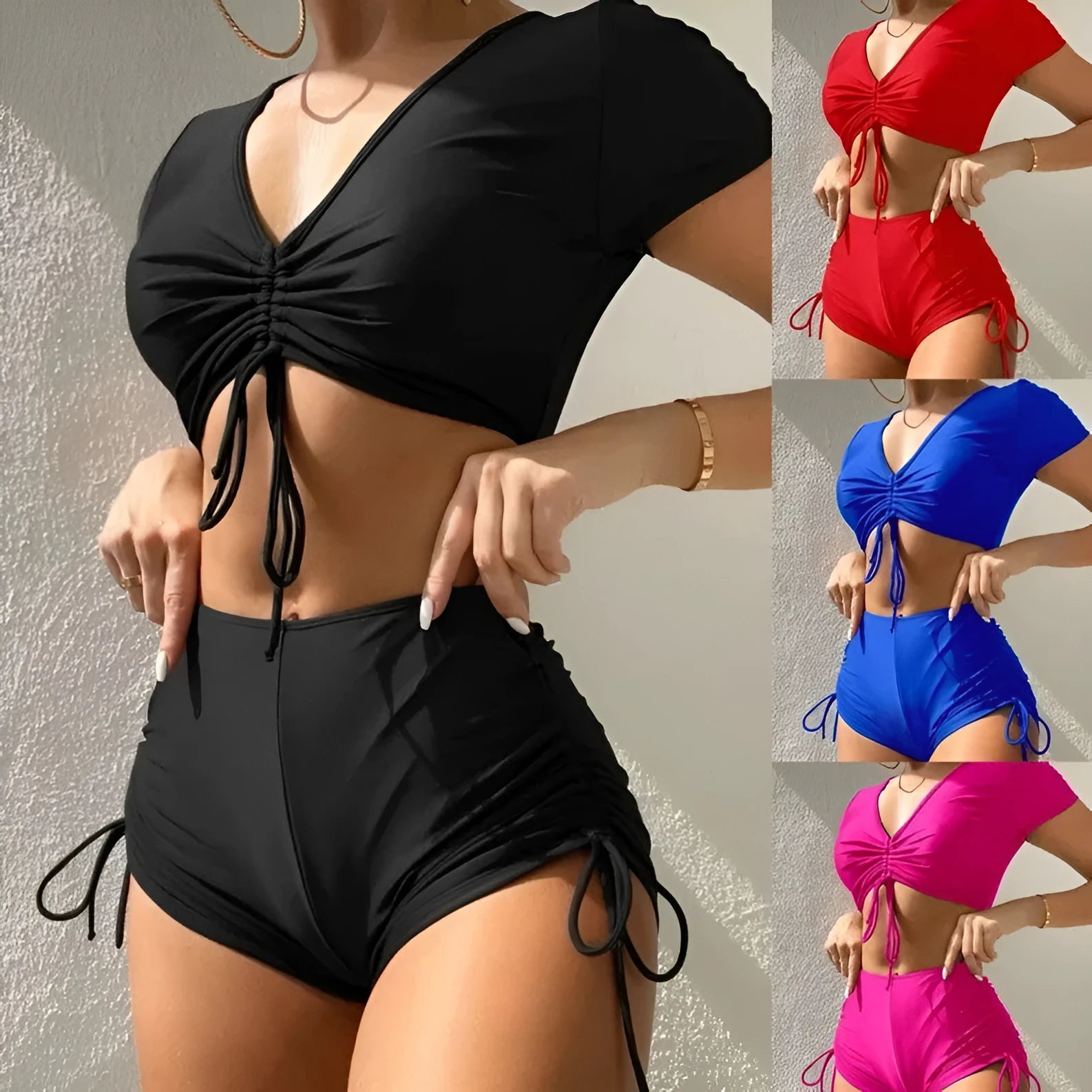 Women's lace-up bow two-piece swimsuit set in black, showing top and shorts