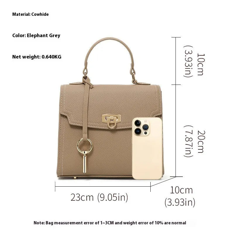 Elephant grey vintage lock handbag with litchi pattern leather and crossbody straps