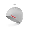 Silicone swimming cap with earmuff design and printed letters in multiple colour options