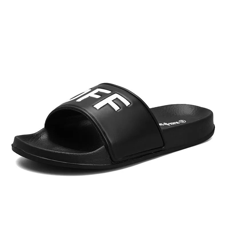 Men's large size open toe slippers in black and white with rubber soles