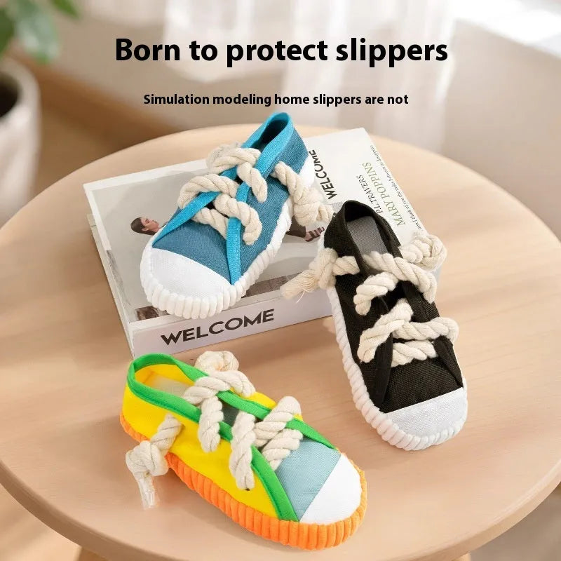 Plastic dog sound slippers chew toy in yellow, black, or blue with squeaker and textured bends