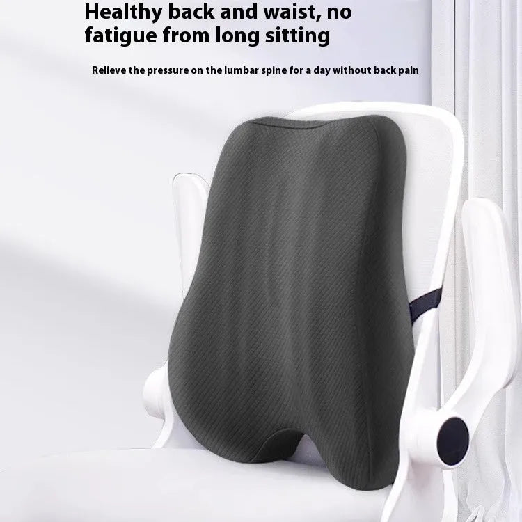 Grey lumbar support cushion for office chair, dimensions 40cm by 40cm by 8cm thick.