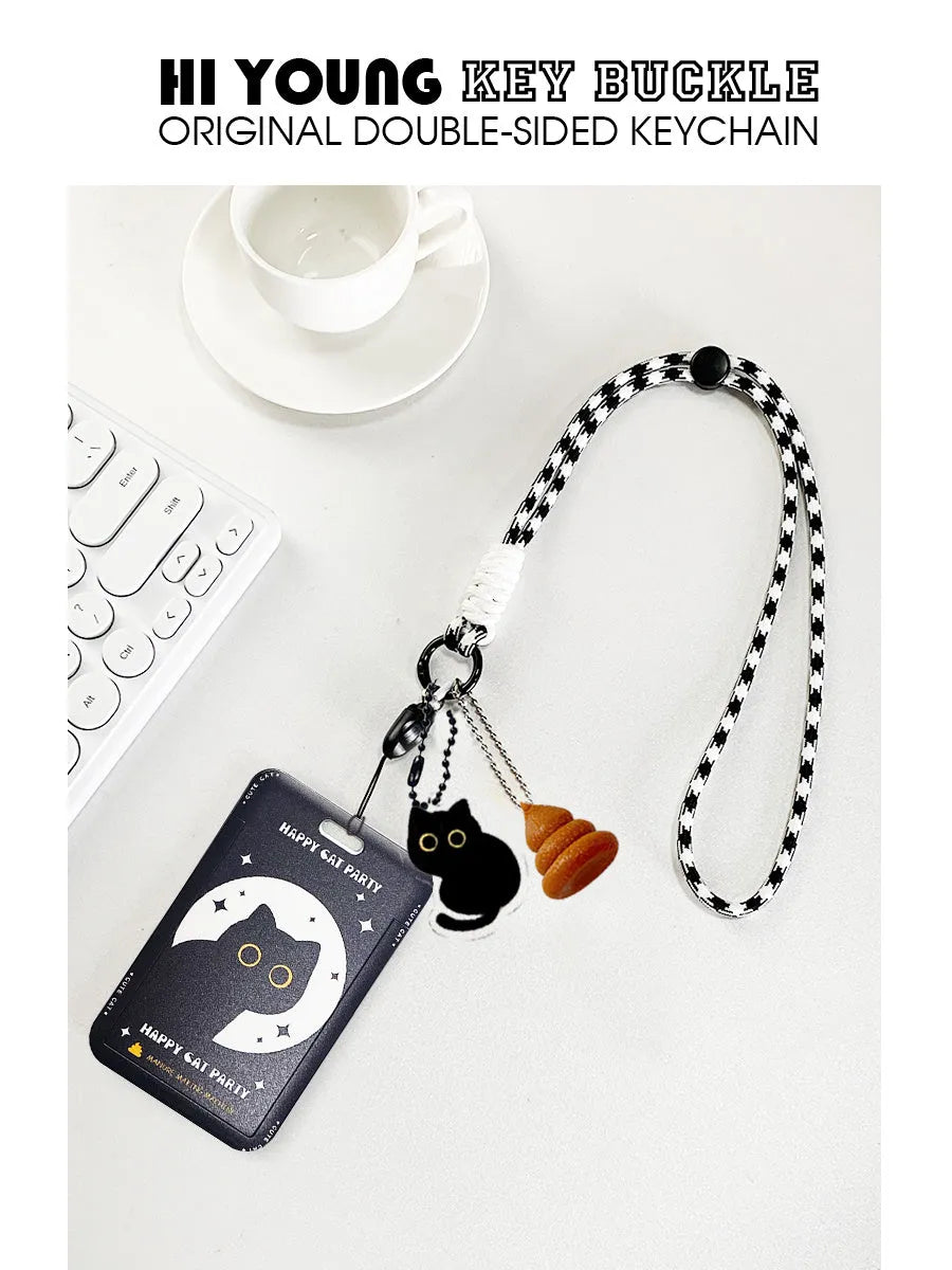 Plastic card holder sleeve with cute little black cat cartoon design and a silver ferrule pendant.