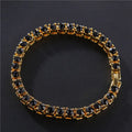 Men's iced out hip hop bracelet with single row rhinestones and zirconia tennis charm on geometric alloy chain links
