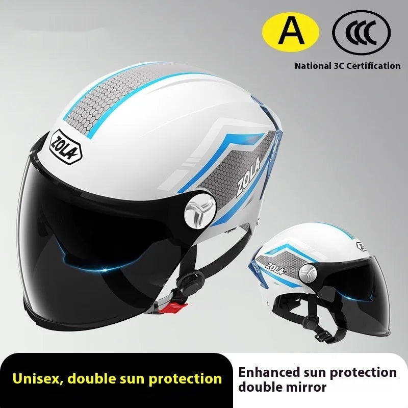 3C certified ABS motorcycle half helmet with a dual mirror sun visor shown in a light brown colour variant.