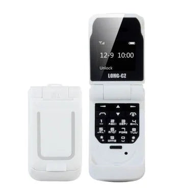 Mini flip mobile phone in a choice of six colours: white, yellow, black, gold, blue, and rose red.
