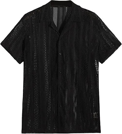 Man wearing a black jacquard knit short-sleeve cardigan shirt with button front.