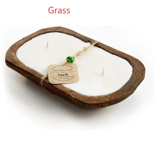 Retro wooden basin container with a triple-wick soy aromatherapy candle in lavender scent
