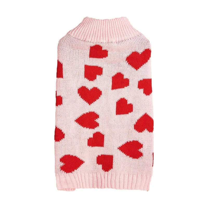Red love heart design dog sweater on small breed dog