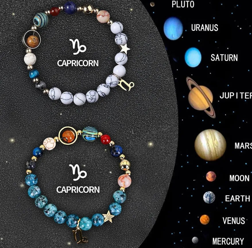 Set of twelve natural stone bead bracelets laid out, each representing a different zodiac sign.