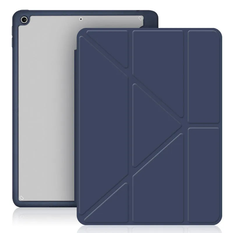 iPad protective case with Y-folding bracket design showing pen storage slot and imitation leather finish