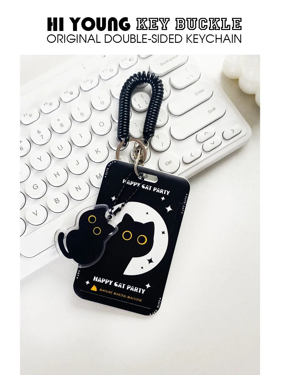 Plastic card holder sleeve with cute little black cat cartoon design and a silver ferrule pendant.