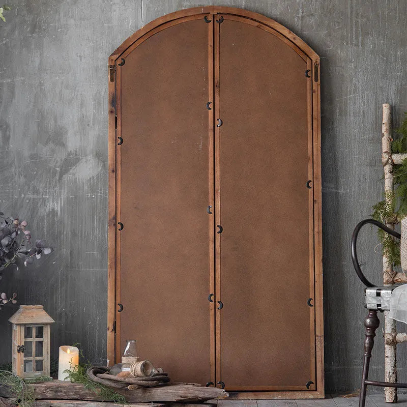 Terrace distressed wooden frame fake window wall mirror with glass panel in log colour