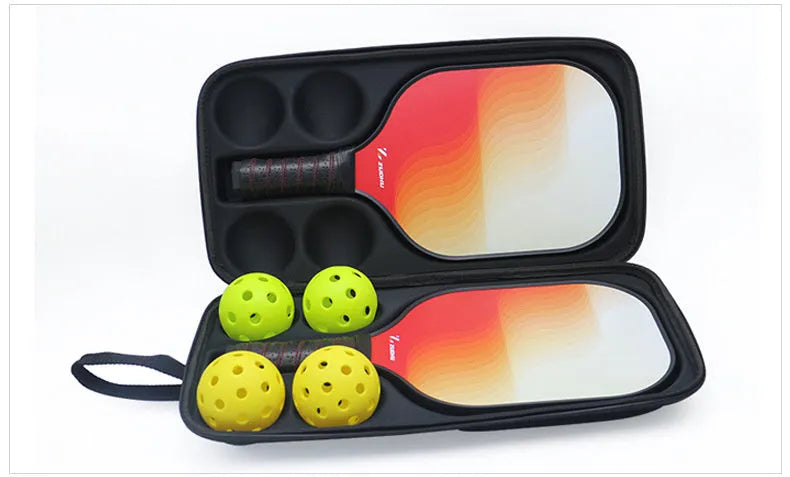Black waterproof pickleball storage bag with two shoulder straps, showing size relative to a racket and balls.