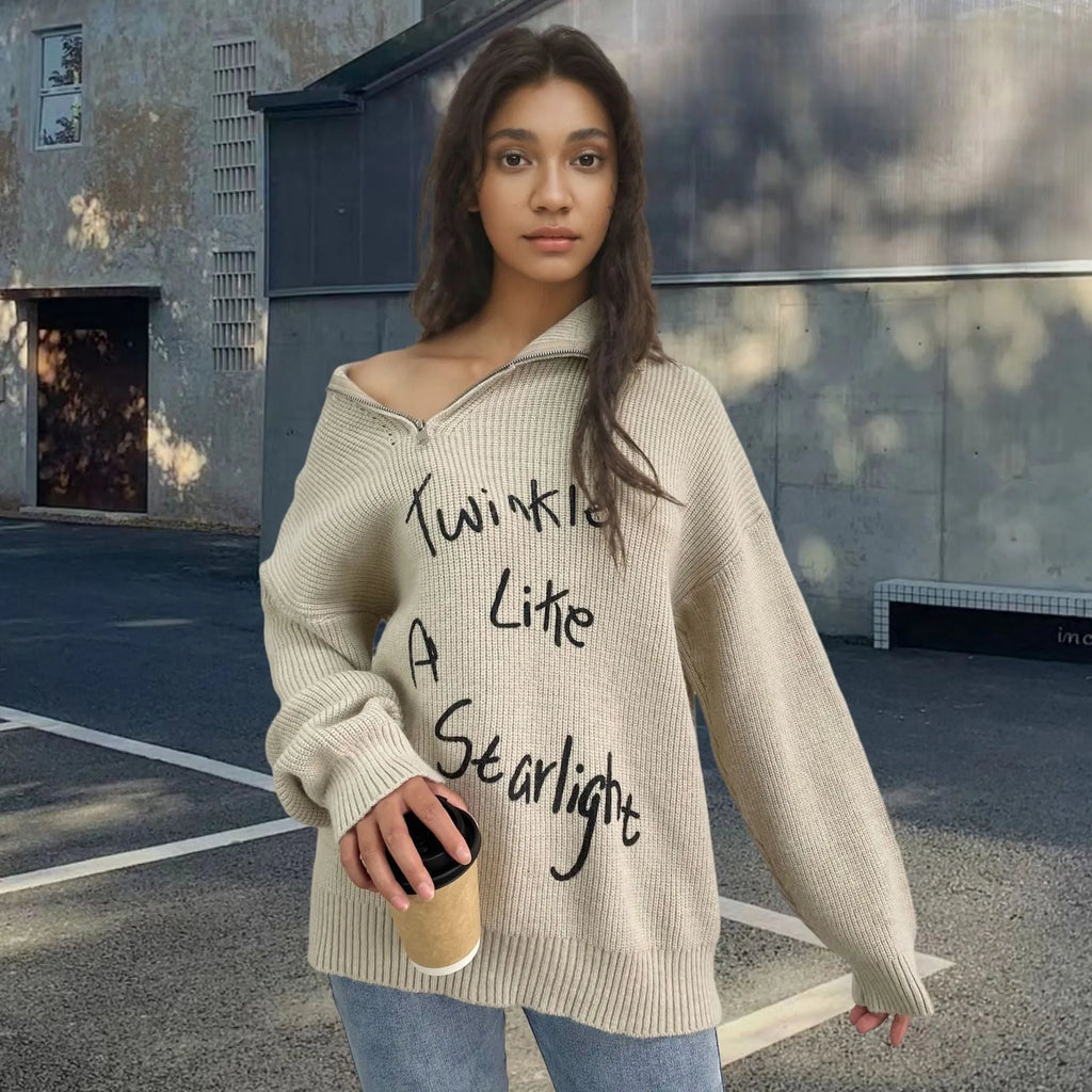 Women's retro loose lapels pullover sweater with oblique zipper detail in alpaca wool fabric