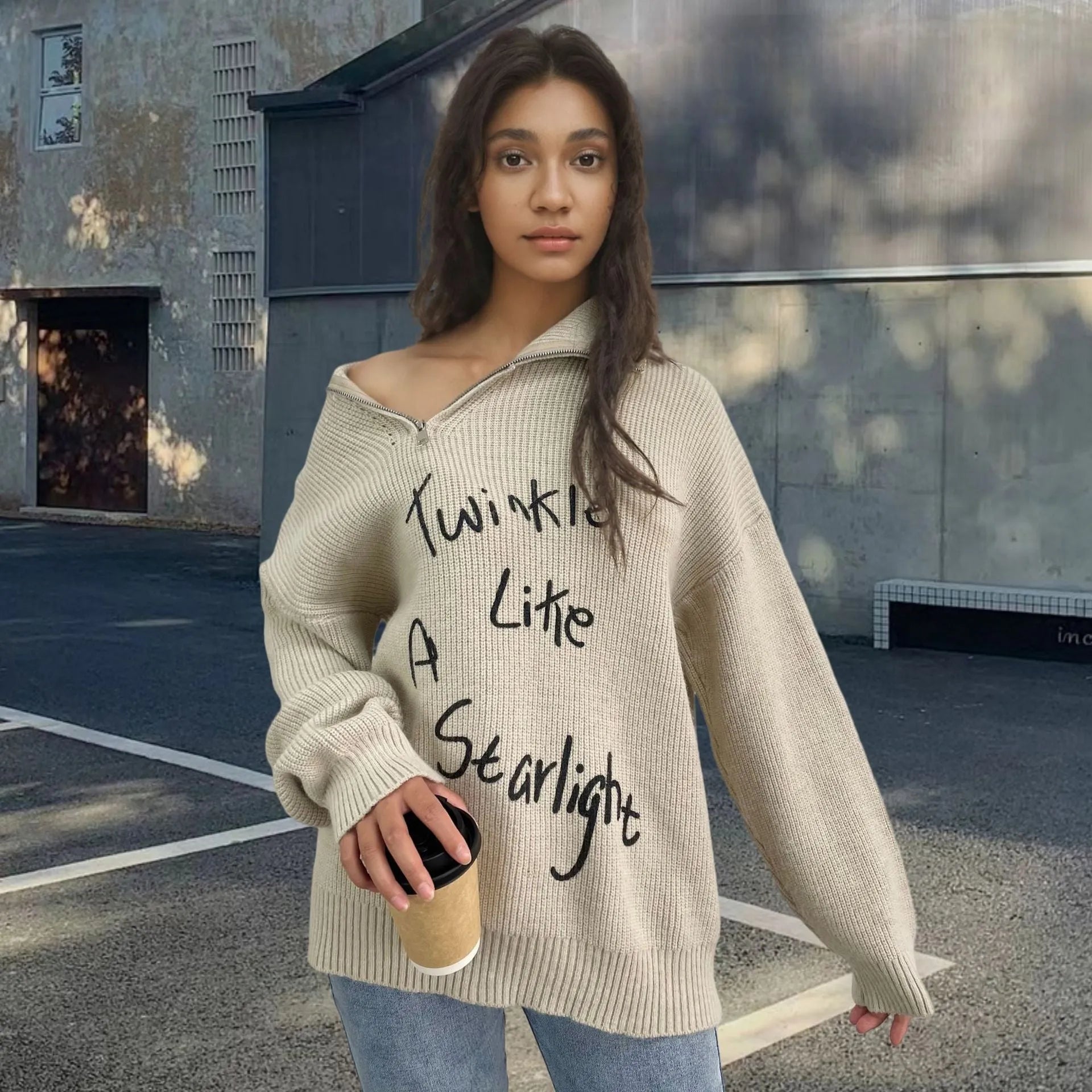 Women's retro loose lapels pullover sweater with oblique zipper detail in alpaca wool fabric