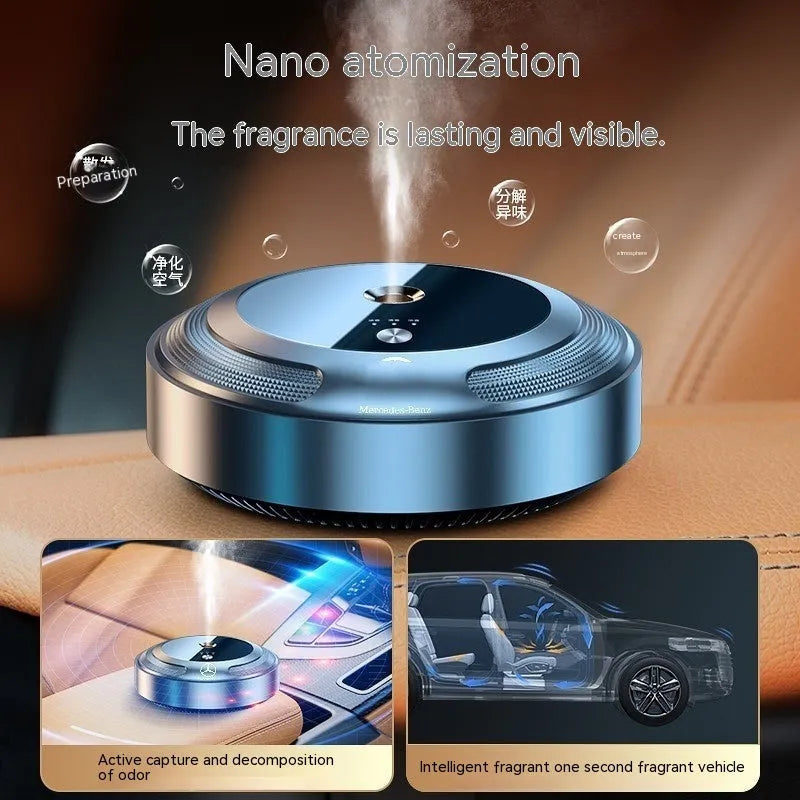 Zinc alloy automatic car perfume dispenser with 89mm metal body and fragrance refill bottles on vehicle dashboard