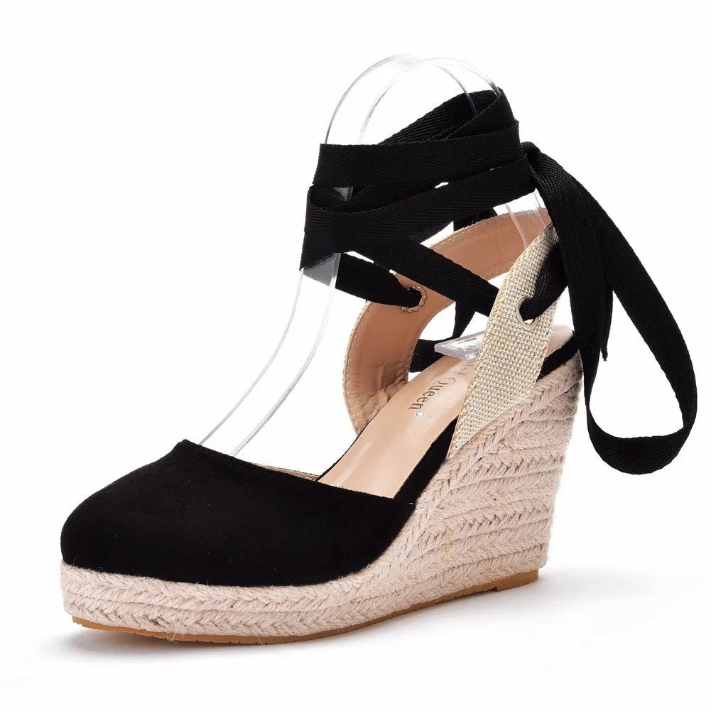 Women's apricot bohemian wedge sandals with beaded tassels and a buckle strap.