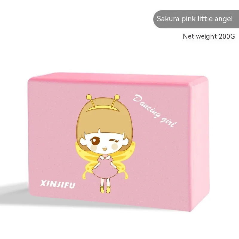 High-density EVA yoga block in violet colour next to a pink block with a cartoon print design.