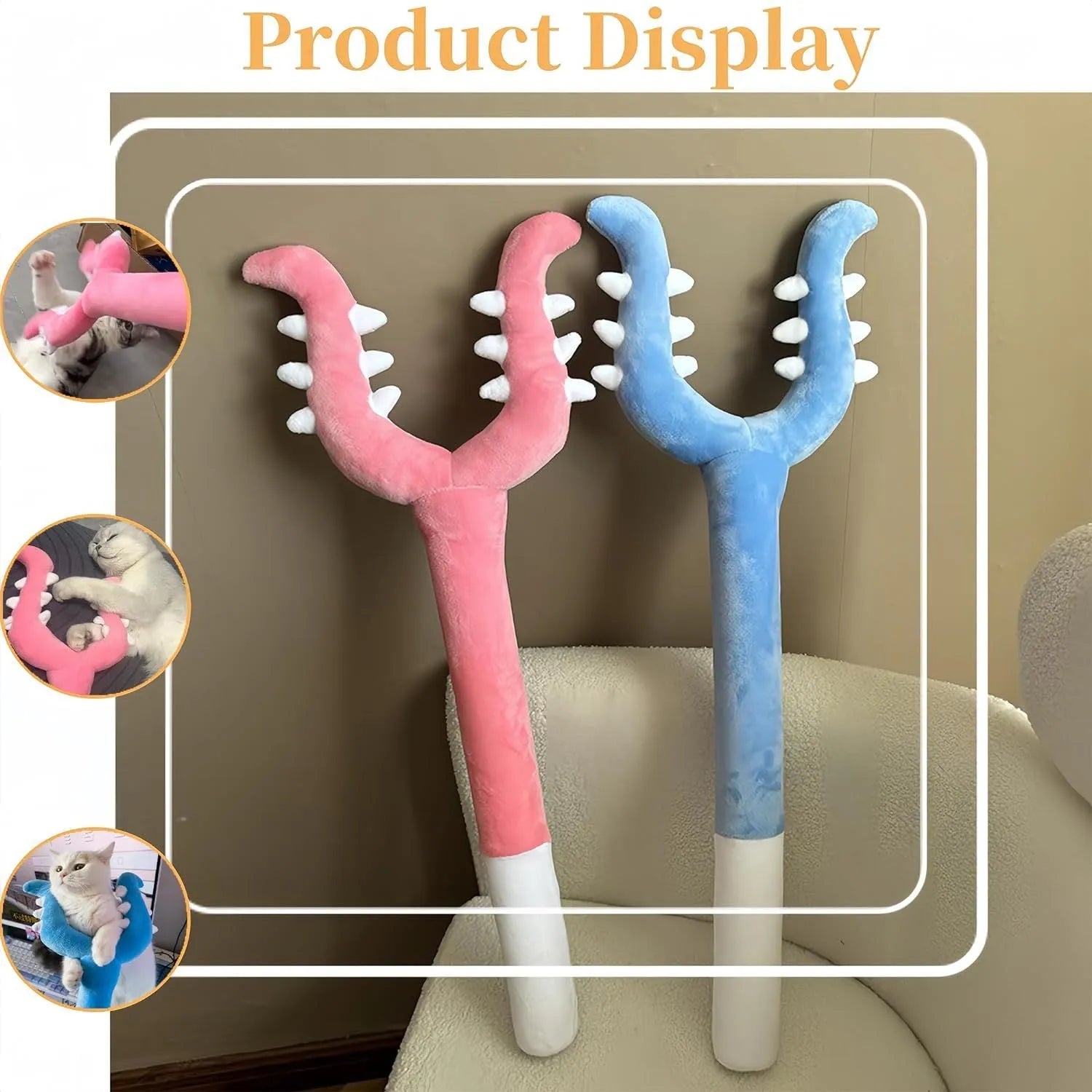 Blue plush cat wand toy with 70cm stick for interactive pet play