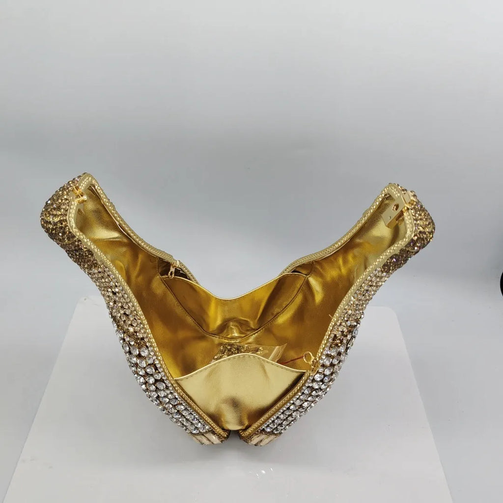 Gold hard shell champagne bottle clutch bag with rhinestones and alloy chain