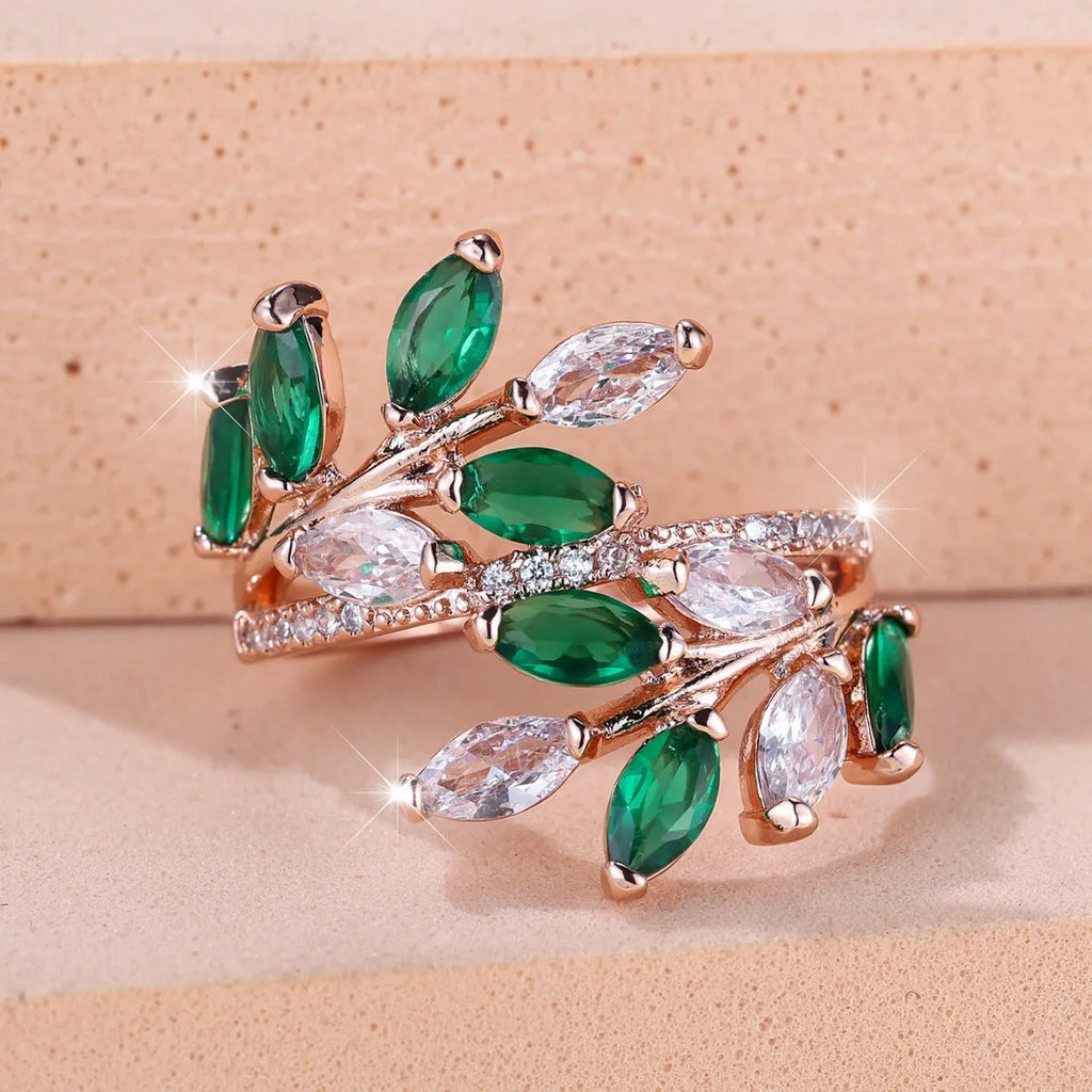 Adjustable horse eye zircon leaf ring in multiple colour options including platinum white and rose gold finishes