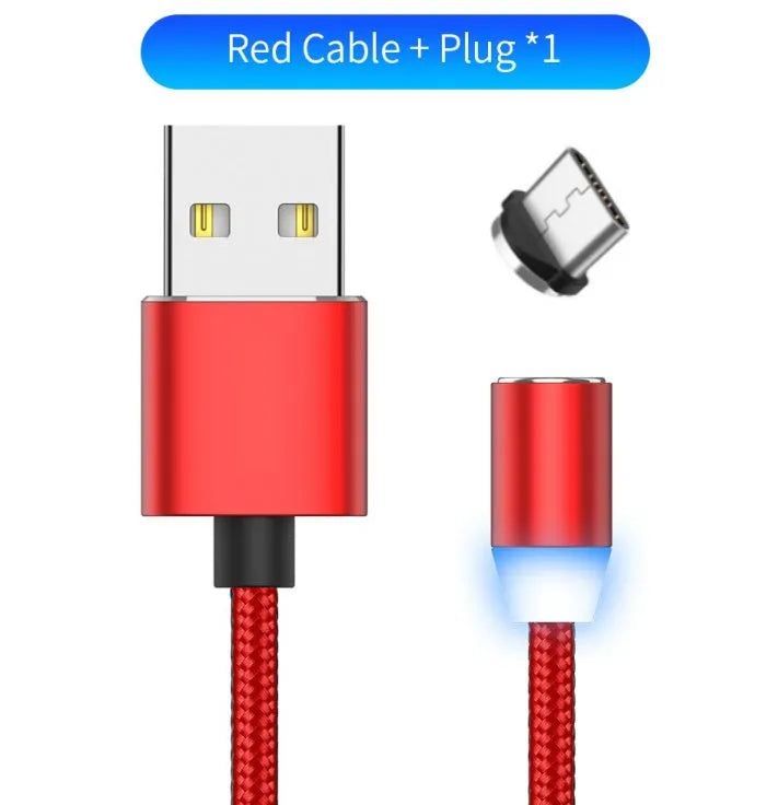 YBD black and red braided magnetic charging cable with Lightning, Micro USB, and Type-C connectors on a table.