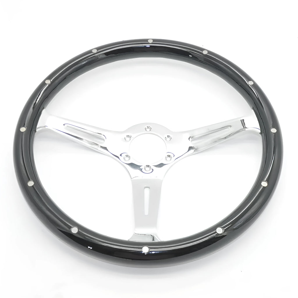 Black electroplated peach wood steering wheel for classic cars with 15-inch diameter and 6-hole mounting