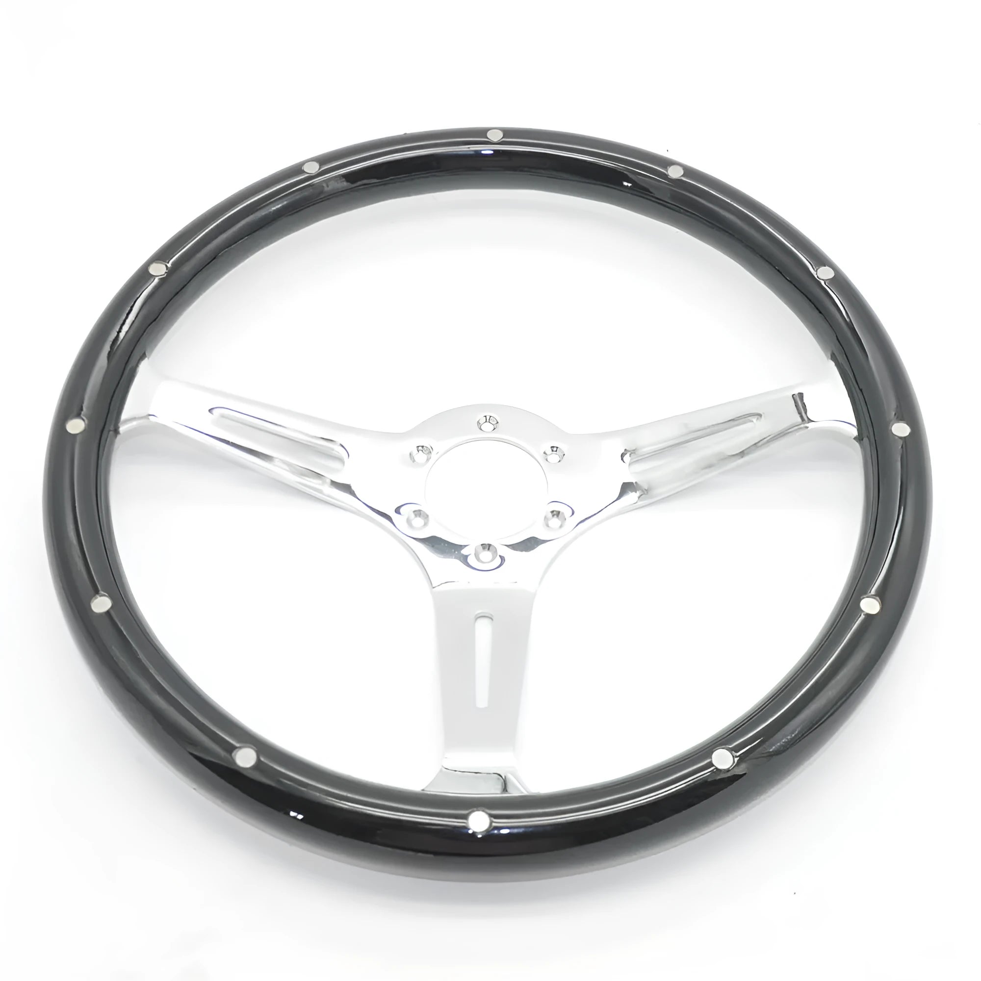 Black electroplated peach wood steering wheel for classic cars with 15-inch diameter and 6-hole mounting