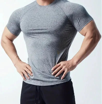 Men's black stretch quick-dry casual short sleeve t-shirt on a hanger.