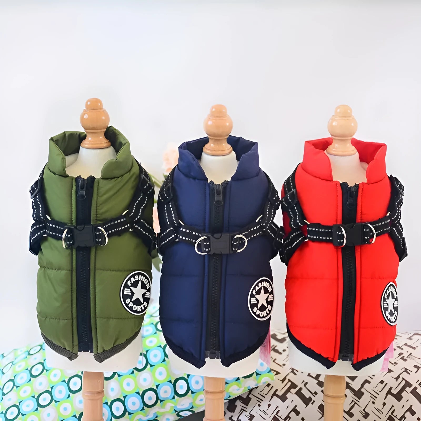 Waterproof dog coat in rain silk fabric with harness hole for lead attachment