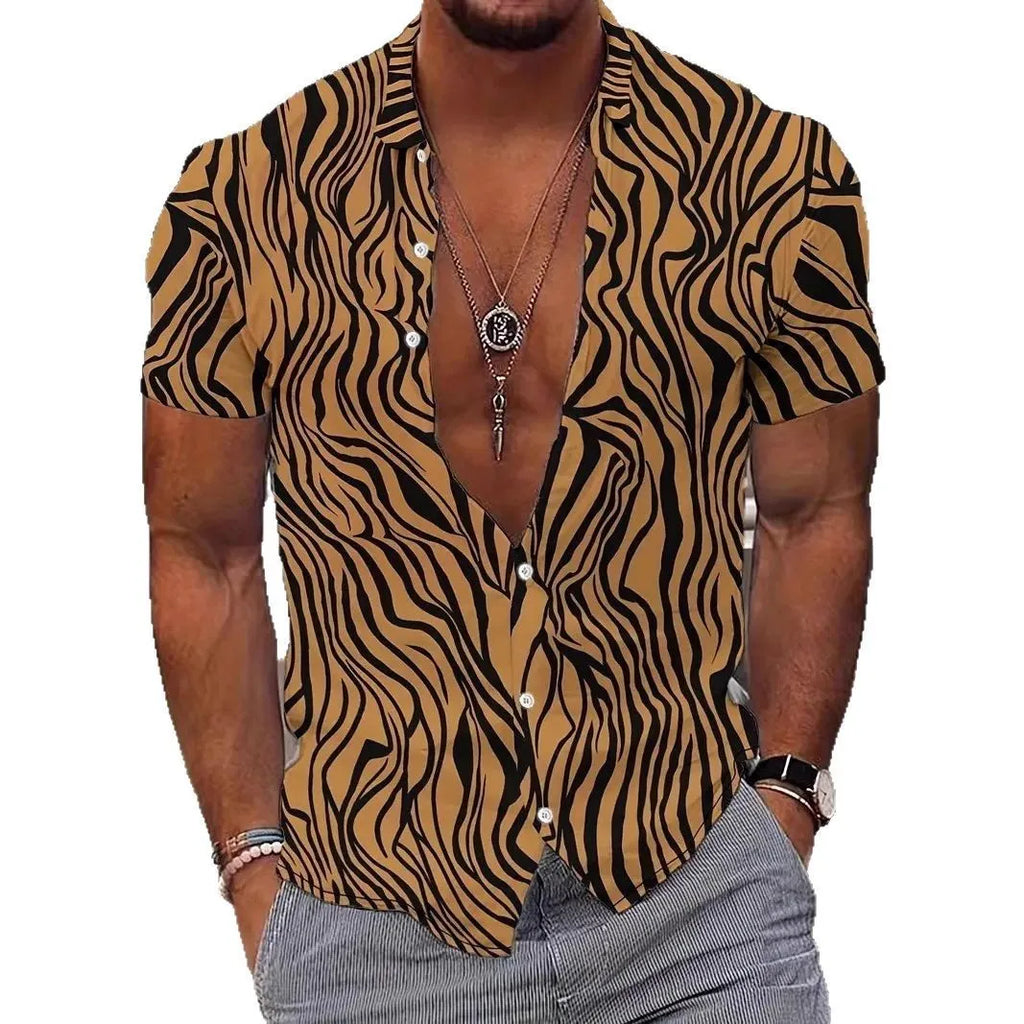 Men's slim fit short sleeve shirt with geometric line printing on the lapel, shown in a casual summer style.