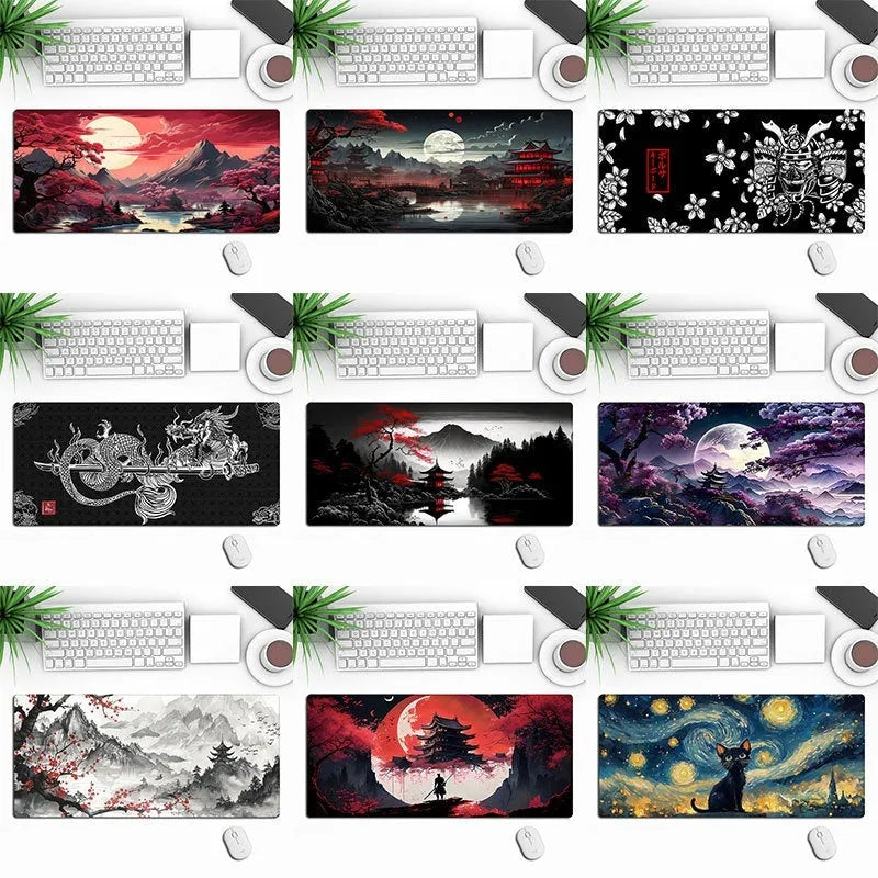 Anime pattern gaming mouse pad with non-slip rubber base on desk surface