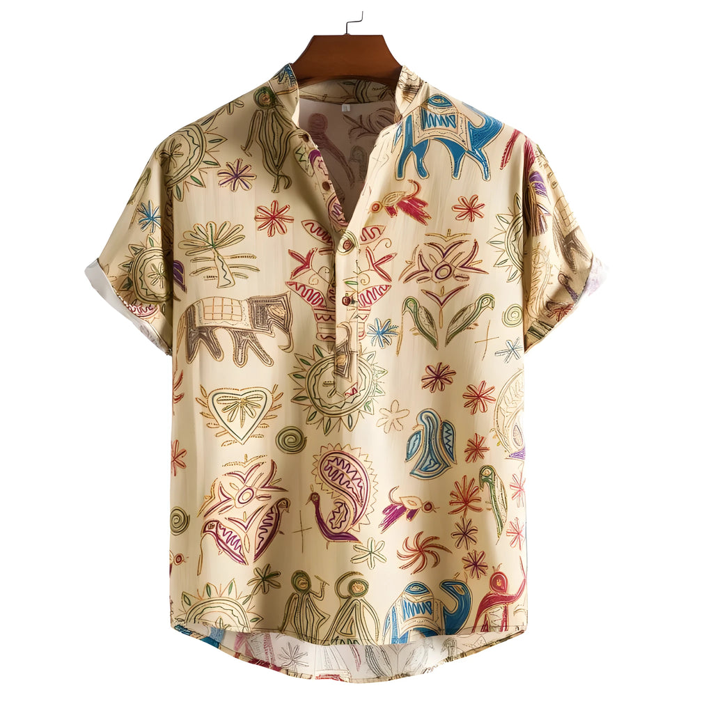 Man wearing a plus size loose-fit casual shirt with a colourful 3D digital print pattern.