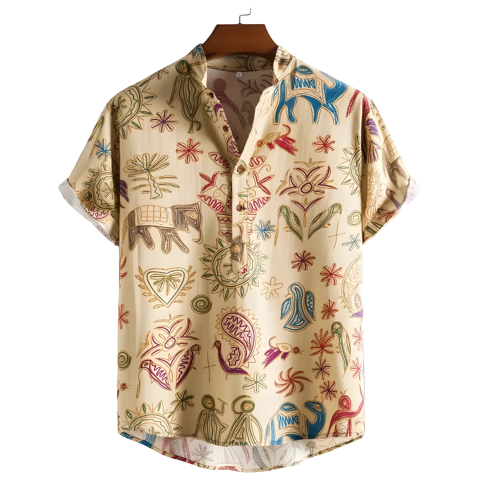 Man wearing a plus size loose-fit casual shirt with a colourful 3D digital print pattern.