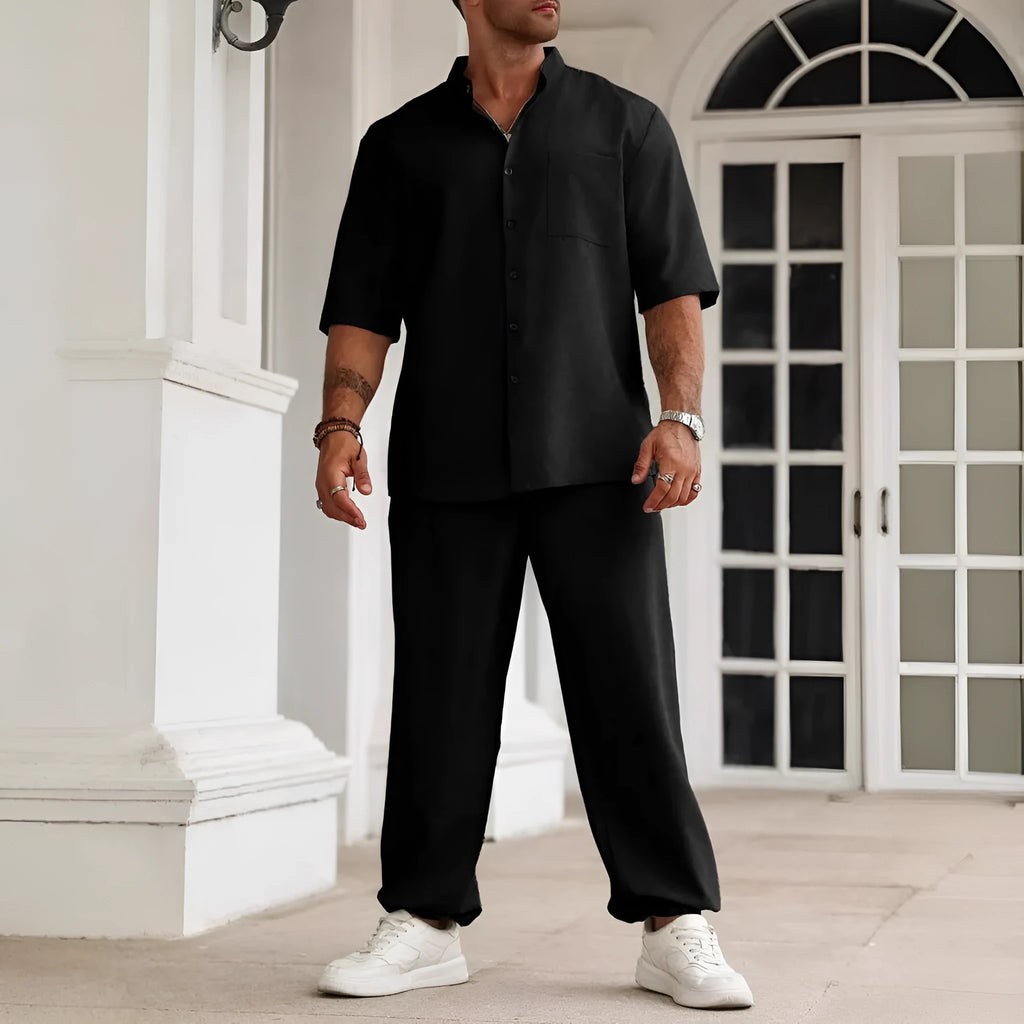 Men's casual apricot-coloured cotton linen short-sleeve shirt and trouser set laid flat.