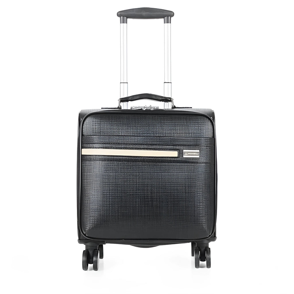 Black 18-inch PU leather business case with TSA lock and airplane-style wheels