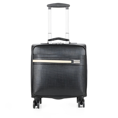 Black 18-inch PU leather business case with TSA lock and airplane-style wheels