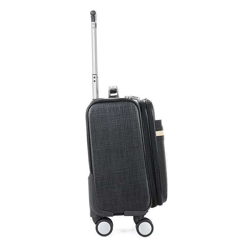 Black 18-inch PU leather business case with TSA lock and airplane-style wheels