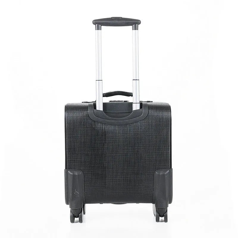Black 18-inch PU leather business case with TSA lock and airplane-style wheels