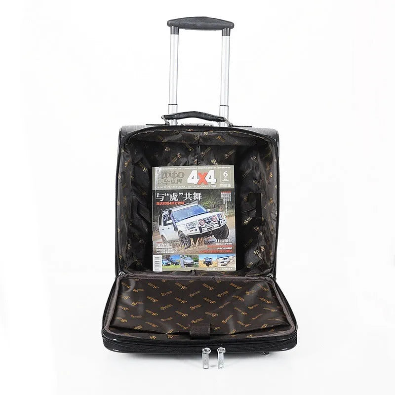Black 18-inch PU leather business case with TSA lock and airplane-style wheels