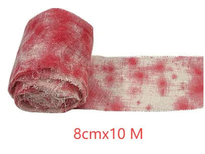 Halloween bloody red and white polyester gauze bandage rolls showing 8cm width, for decorations and costumes.