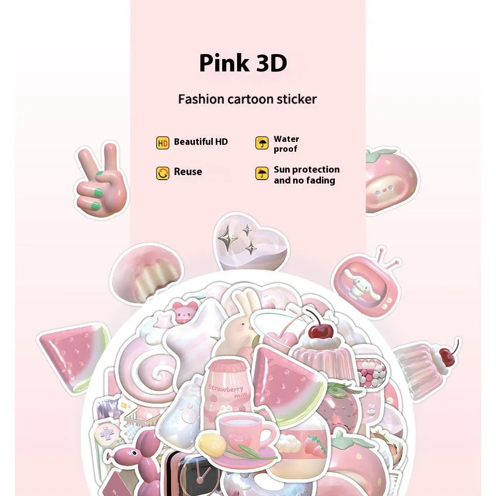 Pink girl heart realistic 3D decorative stickers in a cute style, 63 pieces per pack.