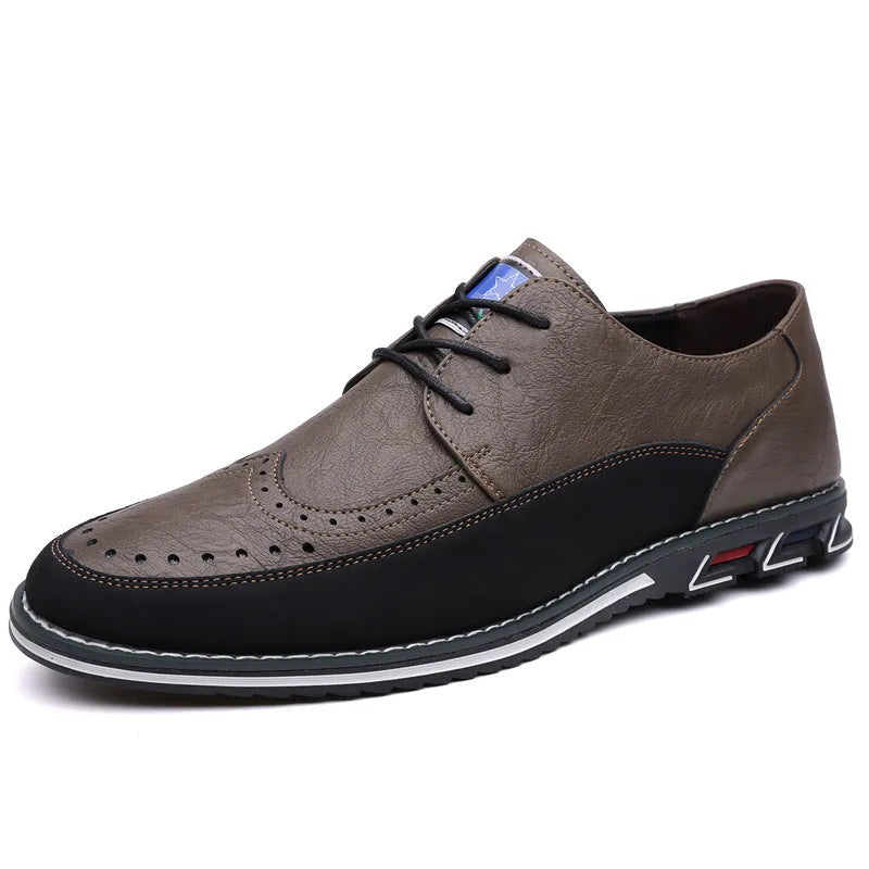 Men's black casual leather slip-on shoe with rubber sole and leather toe cap detail