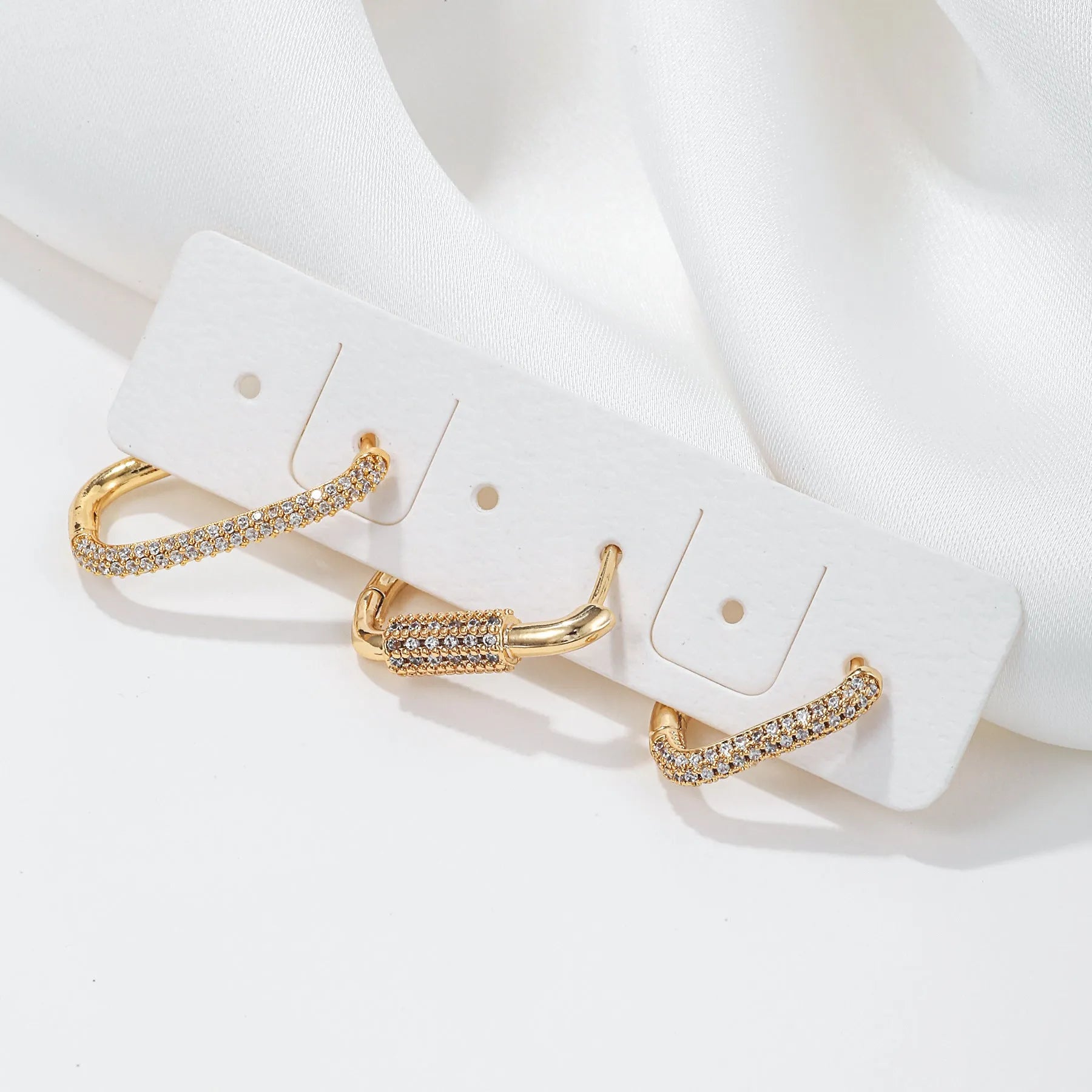 Geometric copper ear clip three-piece set with micro inlaid zircon stones in gold and white colour options
