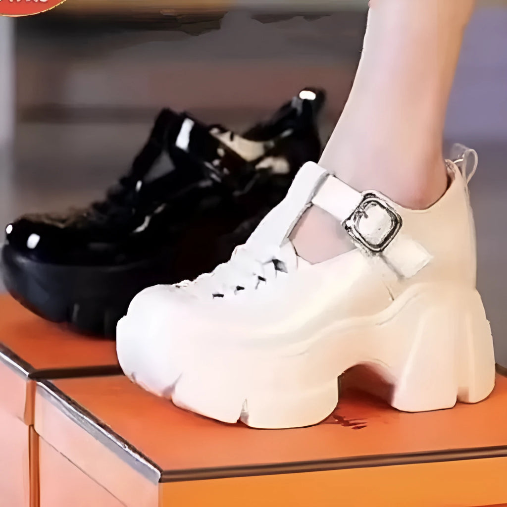 Women's black satin pumps with chunky wedge heel and round toe